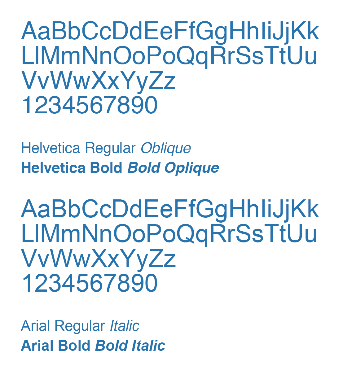 Alphabet shown in Helvetica Regular and Ariel, plus one-line samples of Italic, Bold and Bold Italic. 